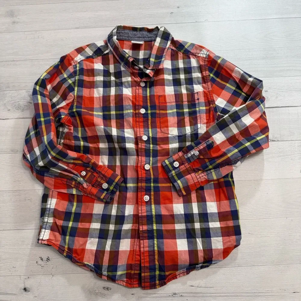 Gymboree boys plaid button down shirt orange navy medium 7/8‎